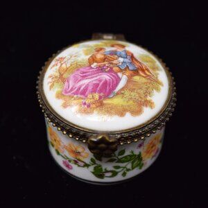 Vintage Golden Peak Courting Couple Pill Box Porcelain Small Renaissance Floral